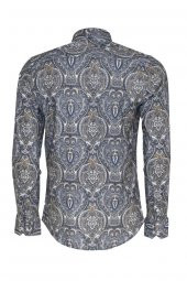 Damask Desenli Mavi Slim Fit Gömlek - 4