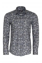 Çiçek Desenli Gri Slim Fit Gömlek - 4