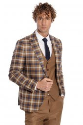 Ekose Ceketli Slim Fit Kahverengi Erkek Takım Elbise - 1