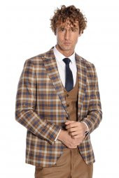 Ekose Ceketli Slim Fit Kahverengi Erkek Takım Elbise - 3