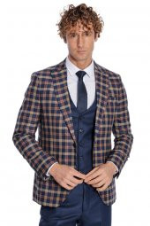 Ekose Ceketli Slim Fit Lacivert Erkek Takım Elbise - 1