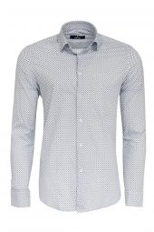 Beyaz Mini Kare Desenli Slim Fit Gömlek - 2