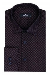 Kahverengi Mini Kare Desenli Slim Fit Gömlek - 2