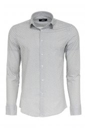 Beyaz Mini Kare Desenli Slim Fit Gömlek - 2