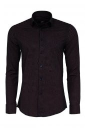 Kahverengi Mini Kare Desenli Slim Fit Gömlek - 1