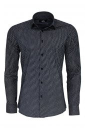 Lacivert Mini Kare Desenli Slim Fit Gömlek - 1
