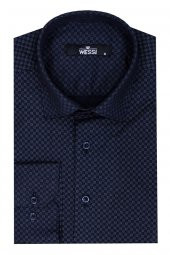 Koyu Lacivert Mini Kare Desenli Slim Fit Gömlek - 1