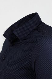 Koyu Lacivert Mini Kare Desenli Slim Fit Gömlek - 3