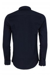 Koyu Lacivert Mini Kare Desenli Slim Fit Gömlek - 4
