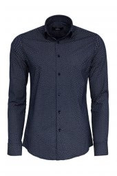 Mavi Mini Kare Desenli Slim Fit Gömlek - 3