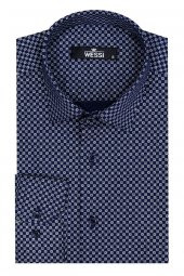 Mavi Mini Kare Desenli Slim Fit Gömlek - 1