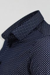 Mavi Mini Kare Desenli Slim Fit Gömlek - 4