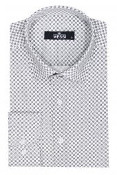 Beyaz Mini Kare Desenli Slim Fit Gömlek - 1