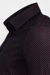 Kahverengi Mini Kare Desenli Slim Fit Gömlek - 3