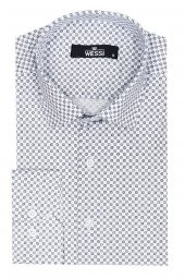 Beyaz Mini Kare Desenli Slim Fit Gömlek - 1