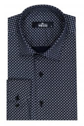 Lacivert Mini Kare Desenli Slim Fit Gömlek - 2