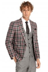 Ekose Ceketli Slim Fit Gri Erkek Takım Elbise - 2