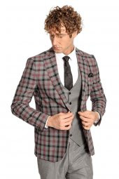 Ekose Ceketli Slim Fit Gri Erkek Takım Elbise - 7
