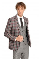 Ekose Ceketli Slim Fit Gri Erkek Takım Elbise - 8