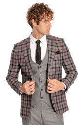 Ekose Ceketli Slim Fit Gri Erkek Takım Elbise - 5