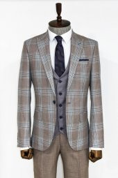Slim Fit Yelekli Açık Kahverengi Erkek Takım Elbise - 4
