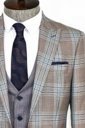 Slim Fit Yelekli Açık Kahverengi Erkek Takım Elbise - 1