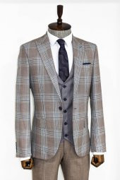 Slim Fit Yelekli Açık Kahverengi Erkek Takım Elbise - 2