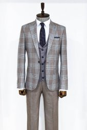 Slim Fit Yelekli Açık Kahverengi Erkek Takım Elbise - 5