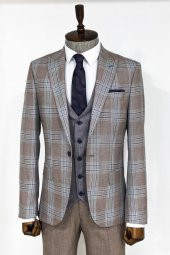 Slim Fit Yelekli Açık Kahverengi Erkek Takım Elbise - 6