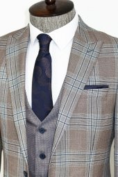 Slim Fit Yelekli Açık Kahverengi Erkek Takım Elbise - 7