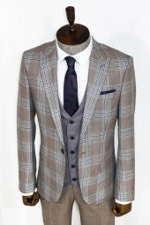 Slim Fit Yelekli Açık Kahverengi Erkek Takım Elbise - 8