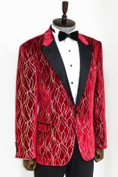 Gümüş Desenli Bordo Erkek Smokin Ceketi - 3