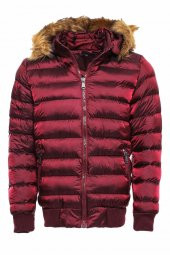 Kürklü Kapüşonü Bordo Erkek Şişme Mont - 1
