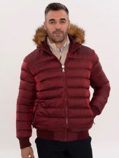 Kürklü Kapüşonü Bordo Erkek Şişme Mont - 2