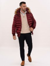 Kürklü Kapüşonü Bordo Erkek Şişme Mont - 3