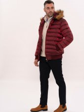Kürklü Kapüşonü Bordo Erkek Şişme Mont - 5