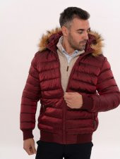 Kürklü Kapüşonü Bordo Erkek Şişme Mont - 6