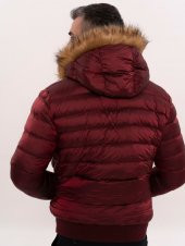 Kürklü Kapüşonü Bordo Erkek Şişme Mont - 8