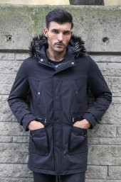 Yaka Kürklü Kapüşonlu Siyah Erkek Mont - 3