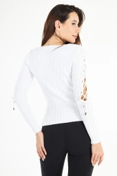 Kadın Kolları Dekolteli Bağcıklı Fitilli Uzun Kollu Triko Kazak - 6