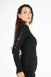 Kadın Kolları Dekolteli Bağcıklı Fitilli Uzun Kollu Triko Kazak - 10