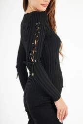 Kadın Kolları Dekolteli Bağcıklı Fitilli Uzun Kollu Triko Kazak - 11