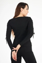 Kadın Kolları Dekolteli Bağcıklı Fitilli Uzun Kollu Triko Kazak - 12