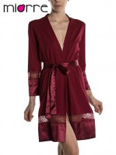 Kol ve Etek Ucu Saten Dantel Detaylı Pamuklu Penye Sabahlık thumbnail 1