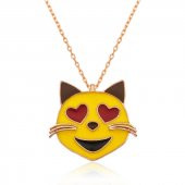 925 Ayar Gümüş Kalp Gözlü Kedi Emoji Kadın Gümüş Kolye - 1
