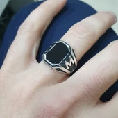 Siyah Oniks Taşlı Harfli Gümüş Erkek Yüzük - 6