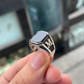 Siyah Oniks Taşlı Harfli Gümüş Erkek Yüzük - 1