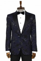 Lacivert Simli Floral Desenli Smokin Ceketi - 1
