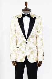 Beyaz Simli Floral Desenli Smokin Ceketi - 9