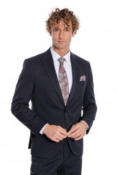 Desensiz İki Parça Slim Fit Koyu Lacivert Erkek Takım Elbise - 9